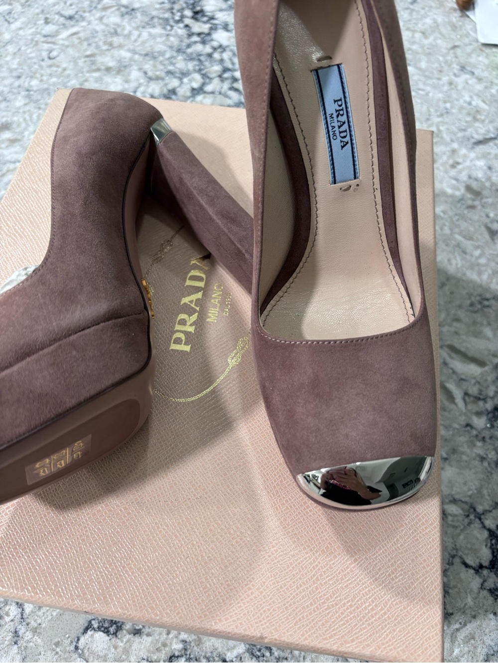 Prada Mauve Suede Platform Pumps with Silver Cap Toe - Picture 4 of 4